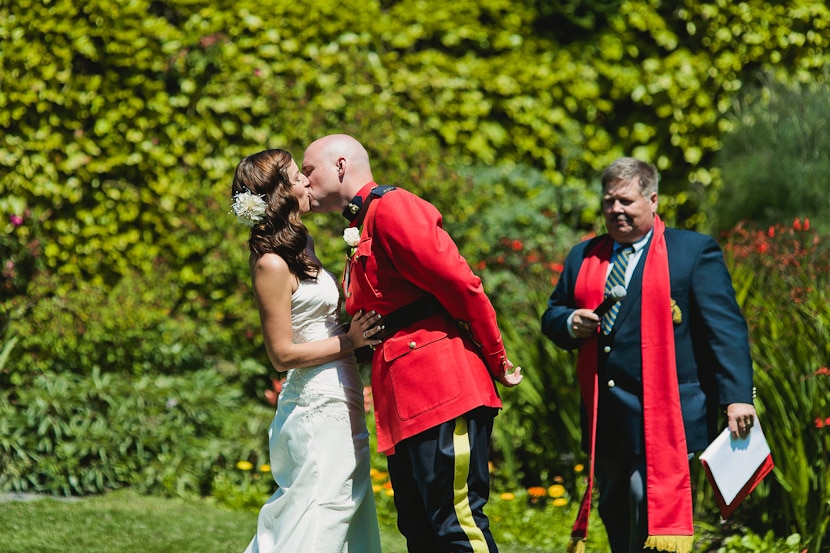 first kiss at wedding ceremony at royal roads