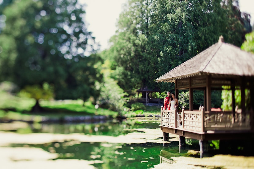 bride and groom portrait at royal roads garden gazebo