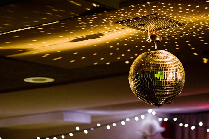 disco ball at church hall wedding