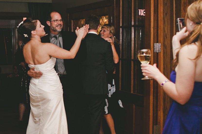 family dancing at royal victoria yacht club wedding reception