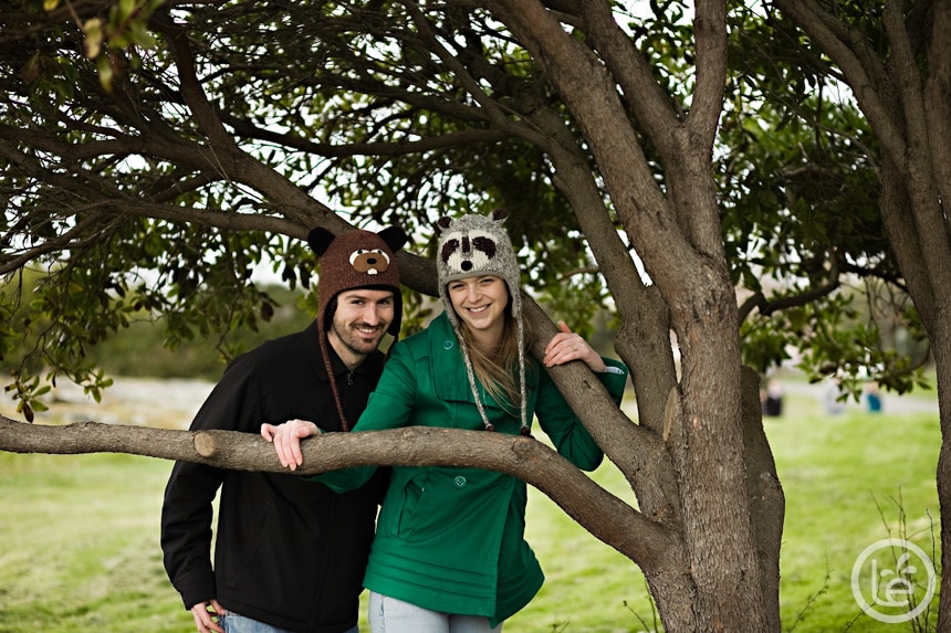 silly engagement portraits with animal hats