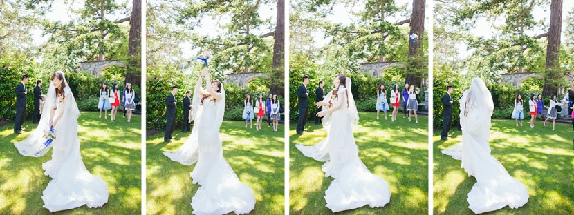 Bouqet toss at garden wedding.