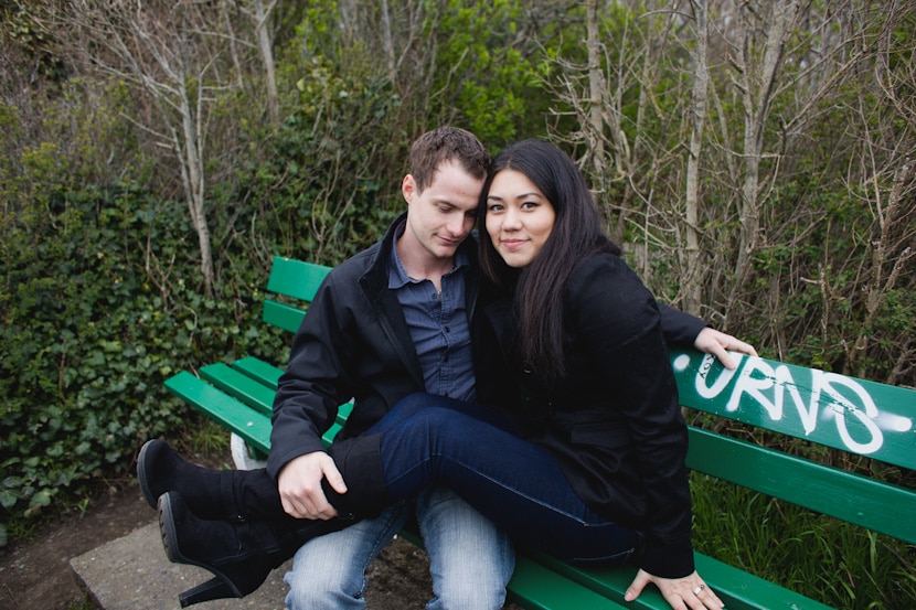 couple portrait photography on park bench in victoria bc