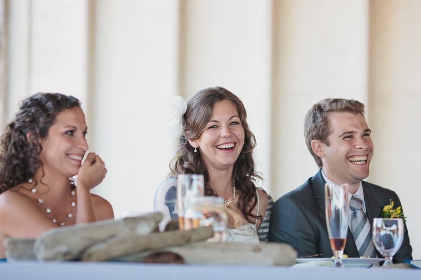 bride and groom reacting to wedding speeches