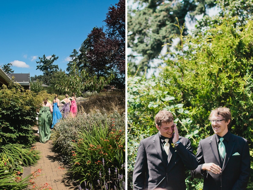 bridal party with multi coloured dresses