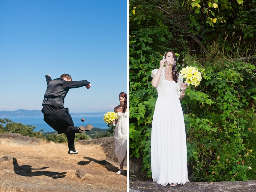 groom playing hacky sack and bride blowing bubbles