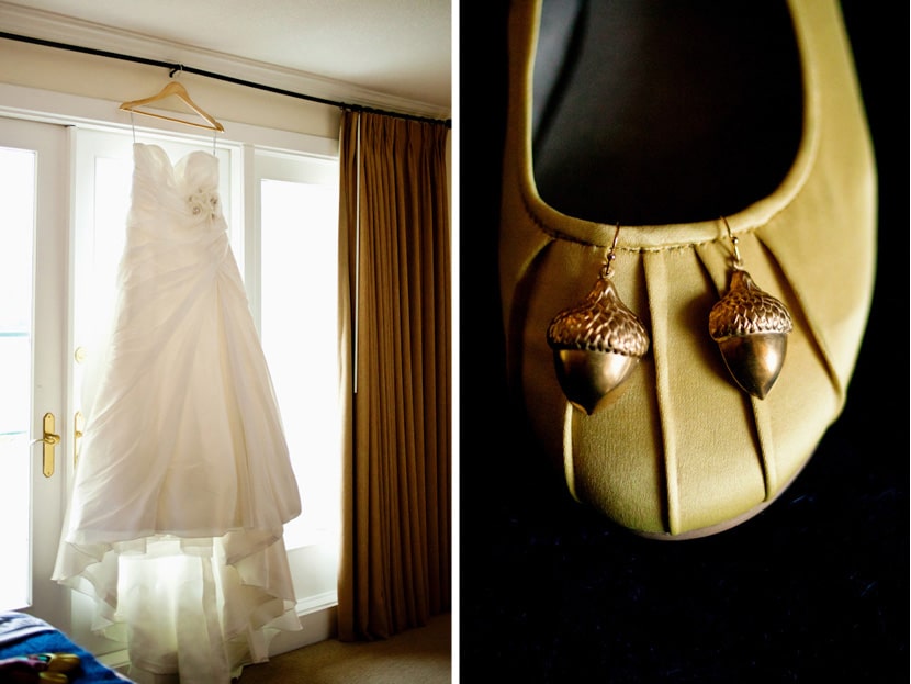 bride's dress and yellow shoes with acorn earrings