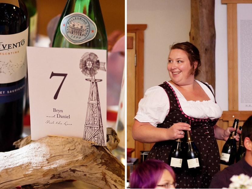 german barmaids serving champagne at wedding reception