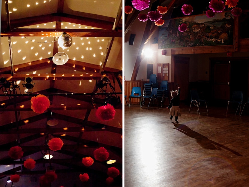 wedding reception with diy poms and disco ball