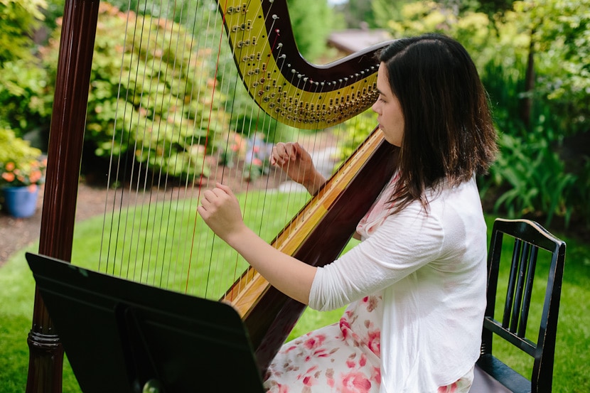 harpist playing at backyard wedding in victoria, bc