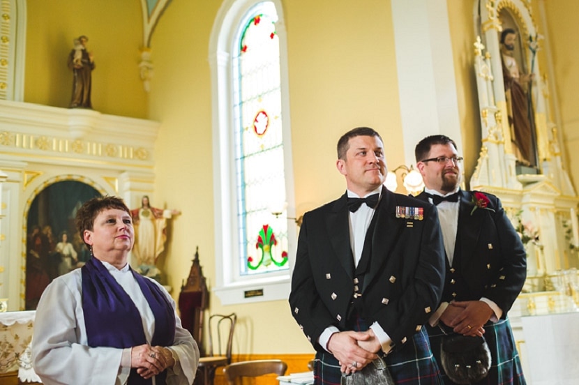 groom waiting for the bride at St. Ann's Chapel in Victoria, BC