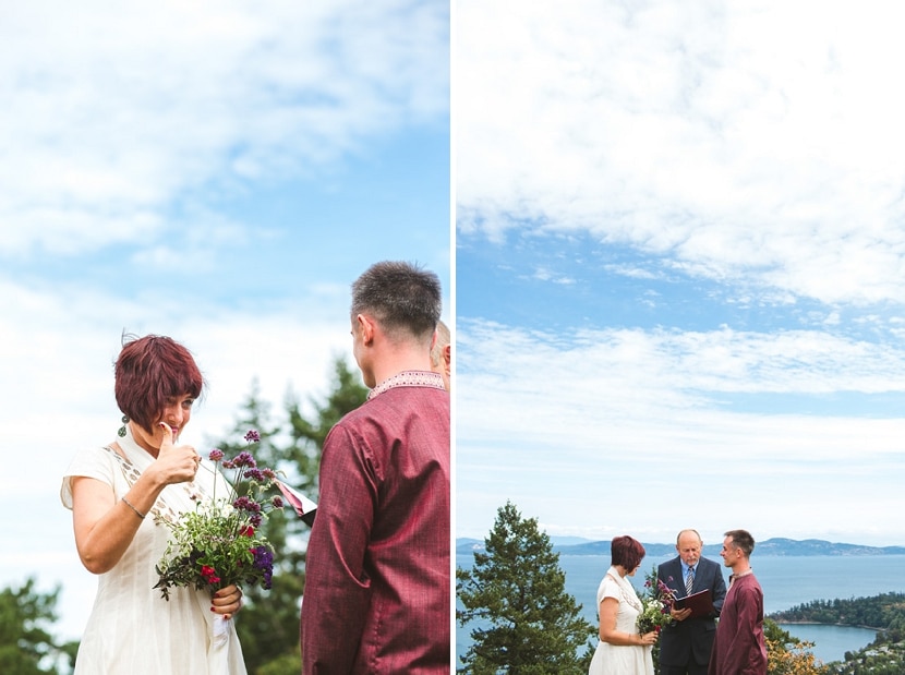 bride gives thumbs up during wedding ceremony