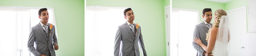 groom seeing bride for the first time at backyard wedding