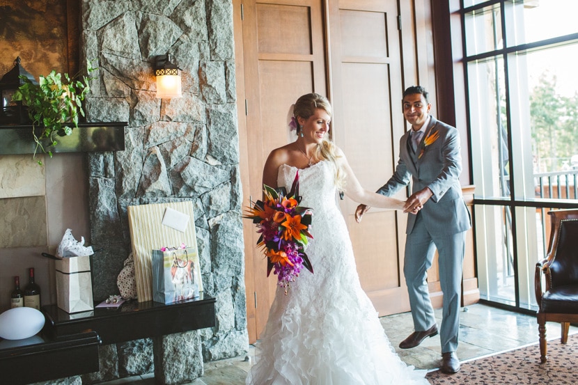 bride and groom arriving at bear mountain wedding reception