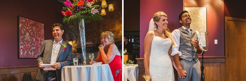 father of bride toasting couple at wedding reception