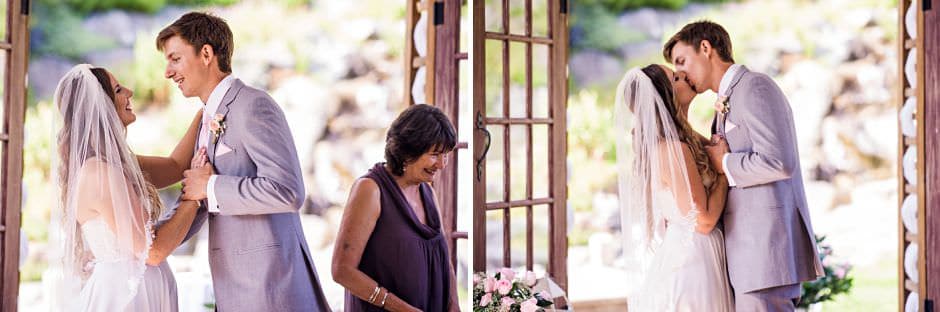 first kiss at outdoor merridale cider wedding