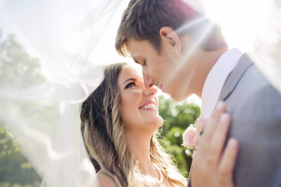 under the veil bride and groom portrait