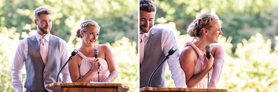 bridesmaid and groomsman giving tearful toasts