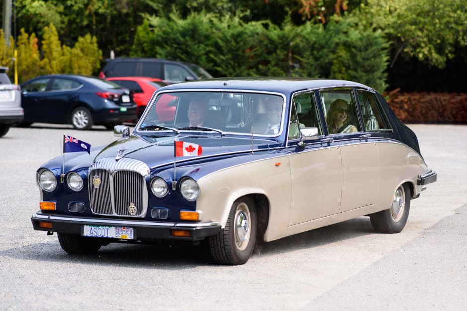 classic car arriving to wedding at Deep Cove Chalet