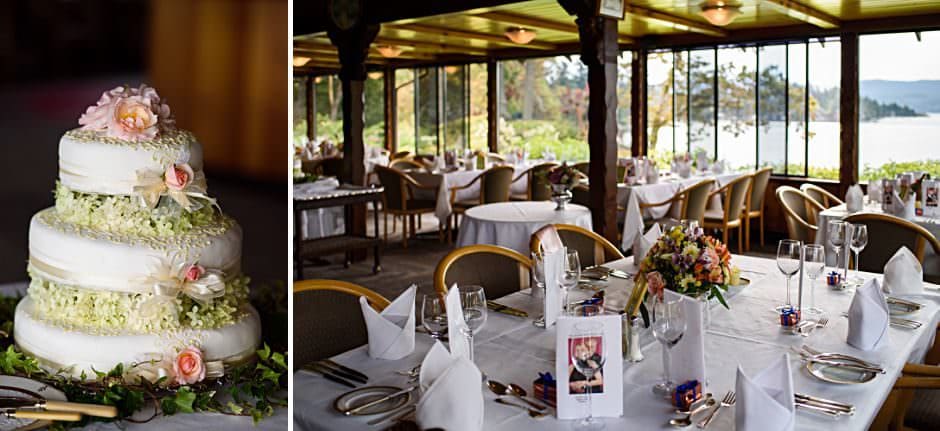beautiful restaurant wedding decor and cake at Deep Cove Chalet