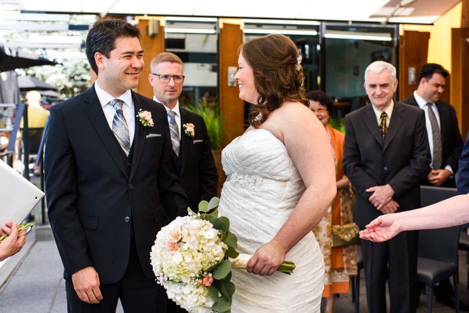 bride arriving at groom during wedding ceremony