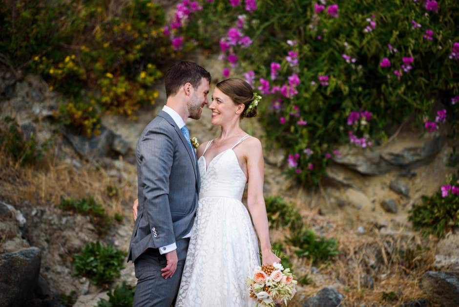 desert looking flowers behind wedding portrait