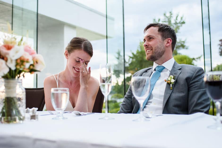 embarrassed bride during toast