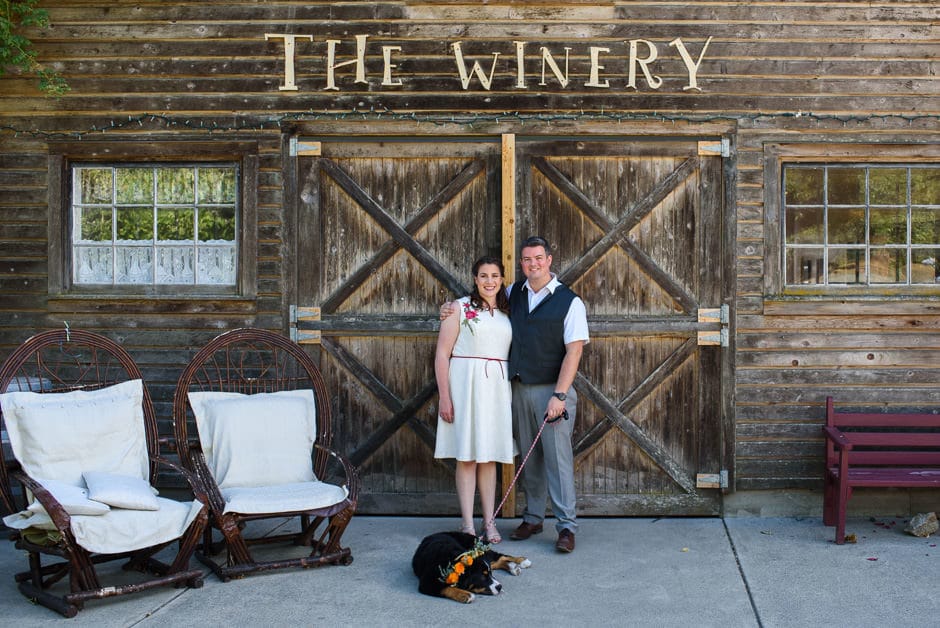 bride groom and puppy portrait