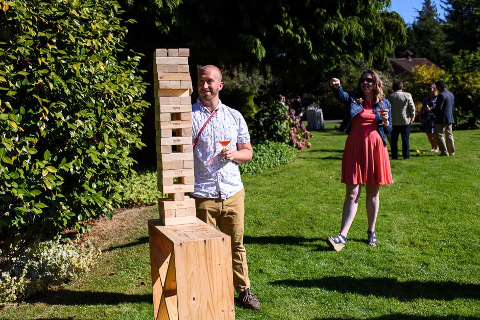 guests playing lawn jenga