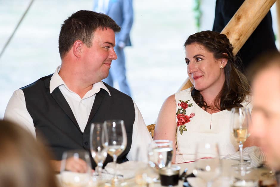 couple reacting to wedding toast