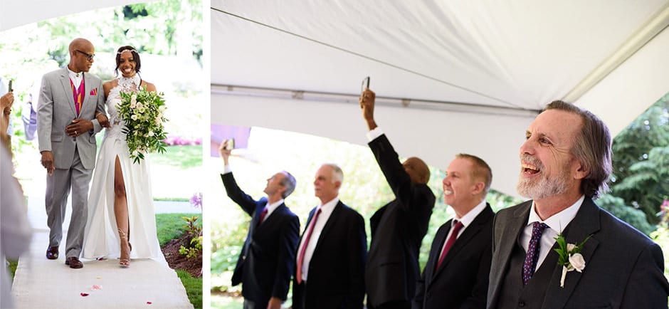 groom watching bride walk down aisle with father